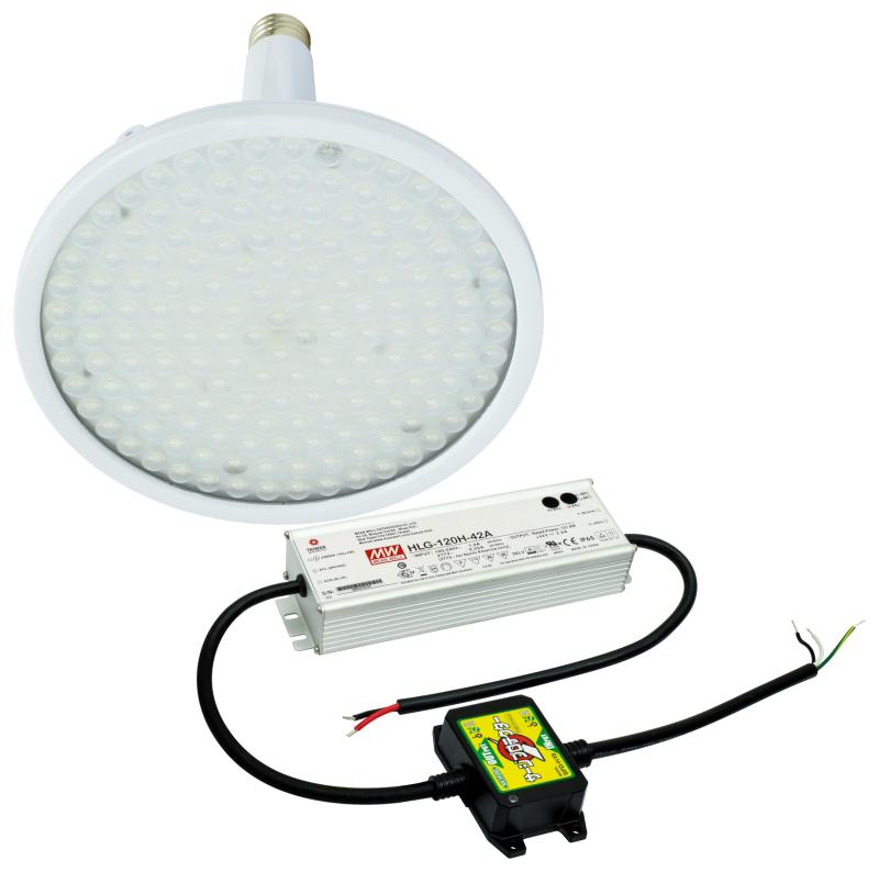 日動工業 ハイディスク100W 口金タイプ L100V2-E39-HS-50K●【保護機能】サージプロテクター付●【タイプ】電源装置外付型●【仕様】屋内型●【レンズ】スポット●【定格電圧】AC100/200V兼用●【口金】E39●【消費電力】100V：102W/200V：101W●【Lm/W（100V）】137.2Lm/W●【全光束】14000Lm●【1m照度（Lx）】20600●【1/2ビーム角】50度●【光源色】昼白色（5000K）●【球寿命】60000時間●【サイズ】球：φ268×H309mm●【質量】球：1.5kg/電源装置：1.5kg●【期間】灯具：1年/電源装置：3年