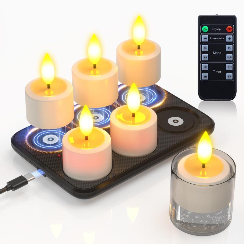 PChero USB充電式LEDキャンドルライト お風呂停電IP64防水 省エネ 6本暖色インテリアライト タイマー マグネット式充電台 リモコン付