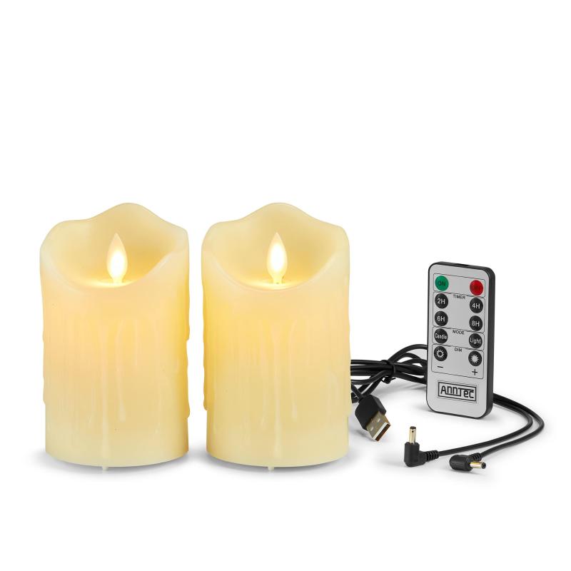 AnnTec LEDキャンドルライト USB充電式 暖色光 専用リモコン付 自動消灯タイマー 【2点セット】
