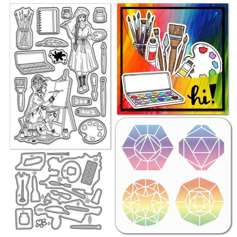 GLOBLELAND 10-Piece Set: Stylish Female Artist Silicone Clear Stamps for Card Making, Pigment Frames, Metal Die Cuts, Painting Tools, PET Stencil Templates, Scrapbooking Craft DIY