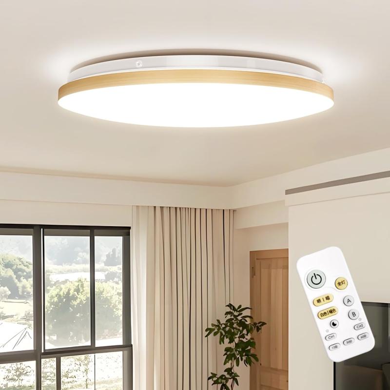 C-J-W LEDシーリングライト 木調目 リモコン付 無段階連続調光調色 昼光色 電球色 豆球常夜灯モード メ..