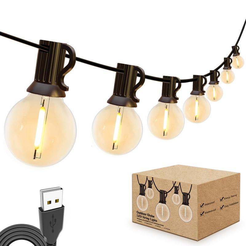 IKERY LEDストリングライト 電球色 USB G40電球 E12口金 PC素材 破損しにくい 屋内/屋外照明 誕生日 パーティー電飾 ガーデンライト 庭 祭り 商店街
