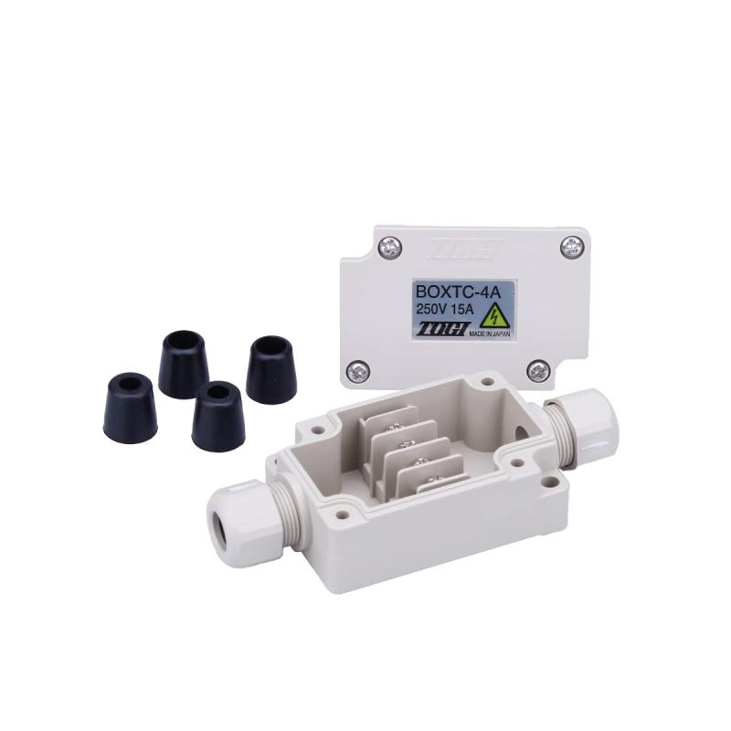 東洋技研 BOXTCシリーズ BOXTC-4A●BOX本体:ナイロン6<br>●蓋:PBT(ガラス入り)<br>●端子ネジ:M3×8L<br>●定格電圧:AC,DC250V<br>●定格電流:15A<br>●絶縁抵抗:100MΩ以上(DC500Vメガにて)<br>●耐電圧:AC2000V 1分間<br>●適合電線:1.25?/MAX