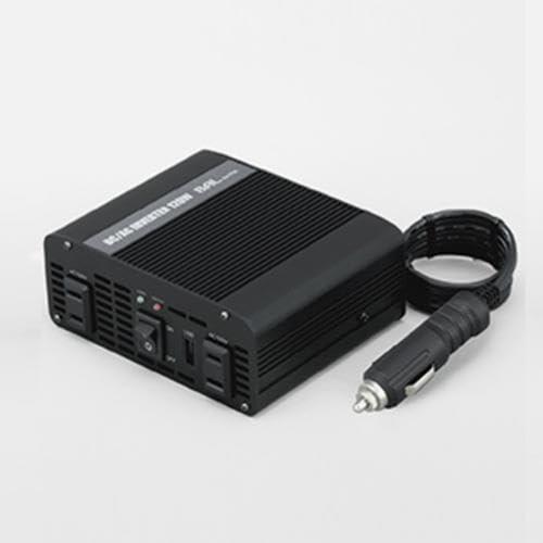 DC12V→AC100V/120W インバーター12V専用^入力電圧:DC12V^出力電圧:AC100V^定格出力:AC100V電源(2個):120WUSB(1個):DC5V・500mAアクセサリーソケット(1個):10A以下^瞬間最大出力:240W^サイズ:126×102×50mm^重量:600g^シガーソケット接続コード:1.5m^保護回路機能付