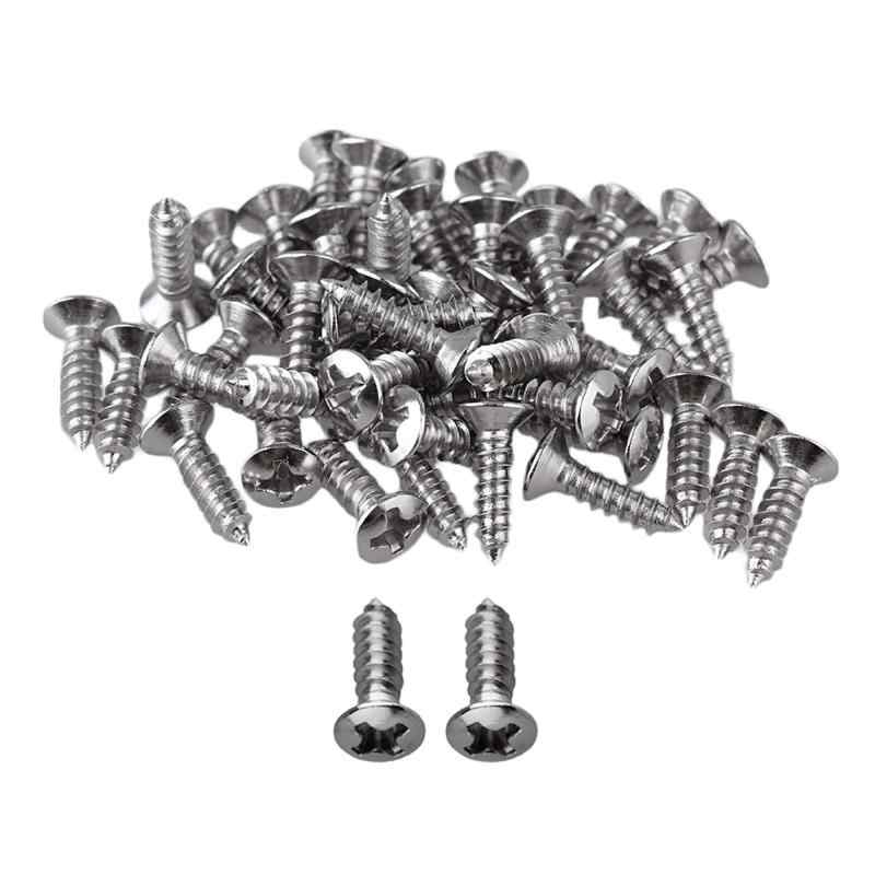 Yibuy 50PCS 金属エレクトリックギターベースピックガードカバープレートネジ クロムネジは標準サイズで、多くのブランドのギターピックガードに適しています。高品質の金属、高硬度、強力で耐久性のある製。上部に美しい小さな十字形の溝があり、それを使用して回転させることができ、表面には金属光沢があり、美しいです。50 個入りパック。紛失したネジの数が不十分なためにギターのメンテナンスを避けるため、余分なネジは他の場所で使用したり、予備のネジとして使用したりできます。ネジの使用: オブジェクト釘、ジャズベースのピックアップに適しています。