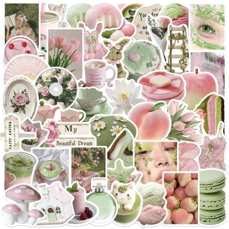 50 dreamy green and pink stickers. Made of waterproof vinyl, these cute and lovely summer stickers can be applied to water bottles, laptops, suitcases, cell phones, and more. Perfect for girls!