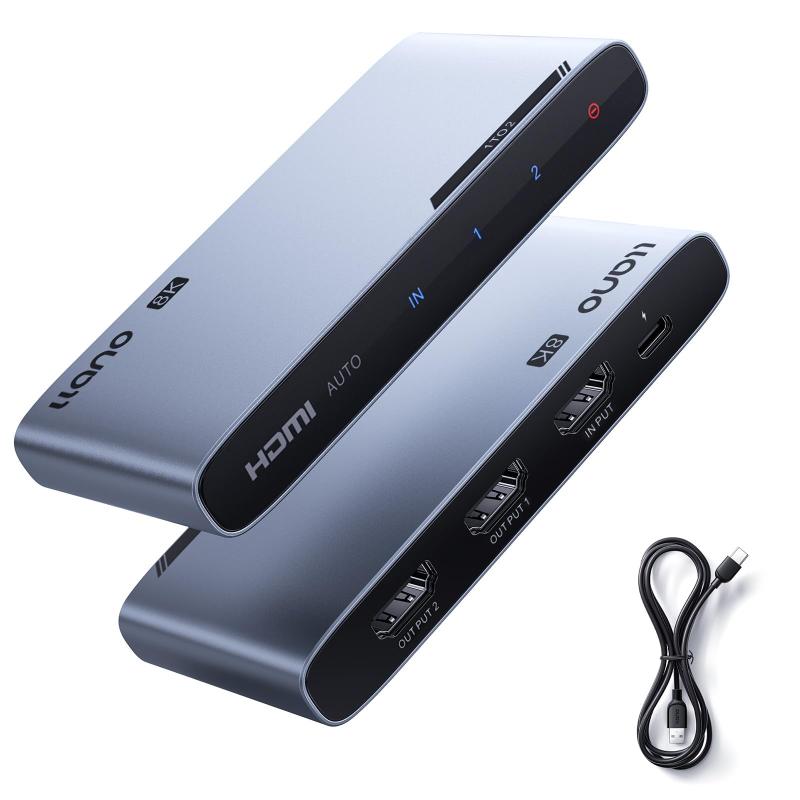 llano HDMI 2.1 分配器 1入力2出力1入力2出力のHDMI分配：1つのHDMI入力信号を、2台の出力機器で同時に同じ画面を表示します。異なる画面の表示（拡張デスクトップなど）には非対応です。デュアルモニターで同一コンテンツを共有したいシーンに最適です。超高解像度＆高リフレッシュレート対応：最高8K@60Hz、4K@240Hzの超高精細・超高滑順な表示に対応。没入感のある映像と、高速なゲームプレイや動画を滑らかにお楽しみいただけます。ARC/eARC機能には非対応です。ALLM/VRR等の高度な機能は、接続された全てのディスプレイが対応している必要があります。次世代8Kチップ搭載で信号を安定伝送：信号増幅機能を内蔵した先進の8Kチップを採用。多くのHDMIケーブルと幅広く互換性があり、超低遅延、プラグ＆プレイを実現。信号のチラつきや落ちを抑え、映像を安定して表示します。多彩なシーンで活躍する幅広い互換性：PS5、Xbox Series X、Nintendo Switch 2、Apple TV、ノートPC/デスクトップPC、ブルーレイプレーヤーなど、HDMIを搭載した多様な機器に対応。ホームシアターからビジネスプレゼン、店内ディスプレイまで、あらゆる環境でシームレスにご利用いただけます。ご使用上の重要注意点：（出力解像度について）出力される映像信号は、接続された全ての機器がサポートする最も低い解像度に制限されます。例：8K対応TVと4K対応音響機器を接続した場合、両ディスプレイへの出力は4Kにダウンスケールされます。最適な画質をご希望の場合は、接続する全機器の仕様をご確認ください。