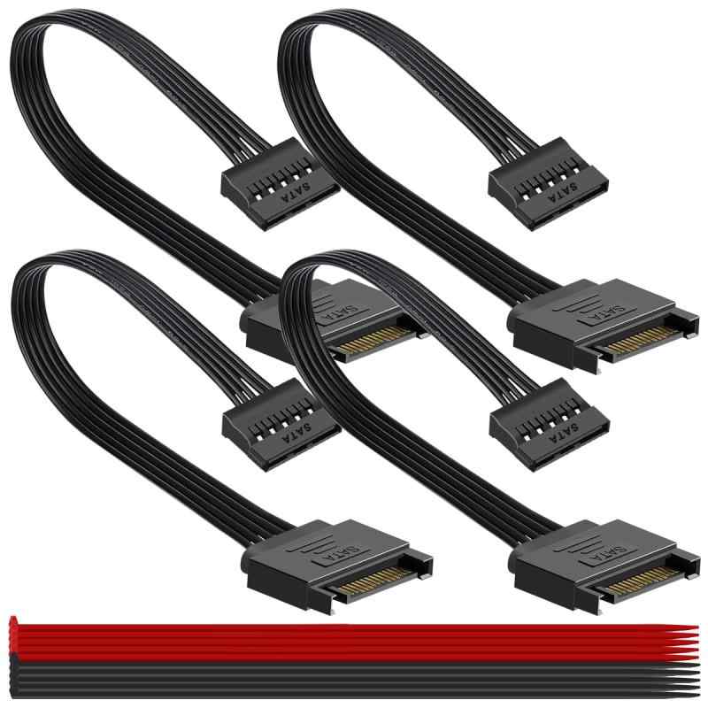 MKBKLLJY 4 個 15 ピン SATA 電源延長ケーブル、SATA オス - メス延長ケーブル アダプター、15 ピン - 15 ピン延長ケーブル、ケーブル タイ付き、対応 ハード ドライブ HDD SSD 光学ドライブ(12.5 インチ