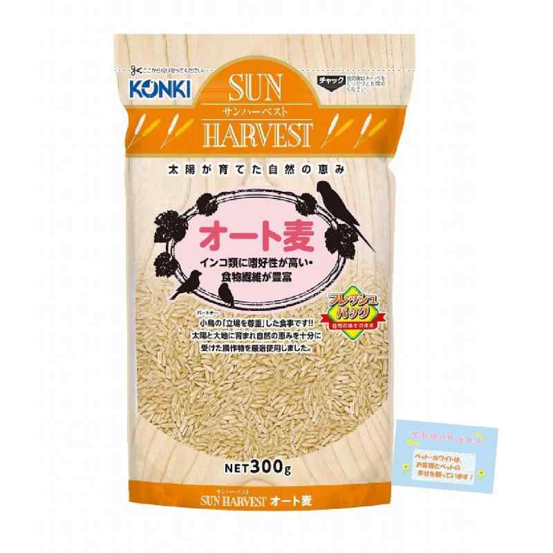【小鳥用フード セキセイ・中型インコの好みにピッタリ】 サンハーベストオート麦 食物繊維が豊富で整腸作用を高める 身を引き締めて体を丈夫にします 主食に混ぜて おやつとして イ栄養価: インコ類に嗜好性が高く、食物繊維が豊富で整腸作用を促進する特別な配合です。健康サポート: 体を引き締め、丈夫にする効果があり、インコ類の健康維持に最適です。使用方法: 主食に混ぜたり、おやつとして与えることができ、毎日の食事に簡単に取り入れられます。容量: 使いやすい300g入りで、新鮮さを保つためのチャック付きパッケージ仕様です。品質: 太陽と大地で育まれた厳選された原料を使用し、小鳥の健康を考えて開発された信頼の餌です。こちらの商品はペット・ホワイトが販売します。スタッフ手作りのペット・ホワイトサンクスカードがセットになります。（ペット・ホワイトサンクスカードの付属がない場合は当店またはAmazonにご連絡ください）。