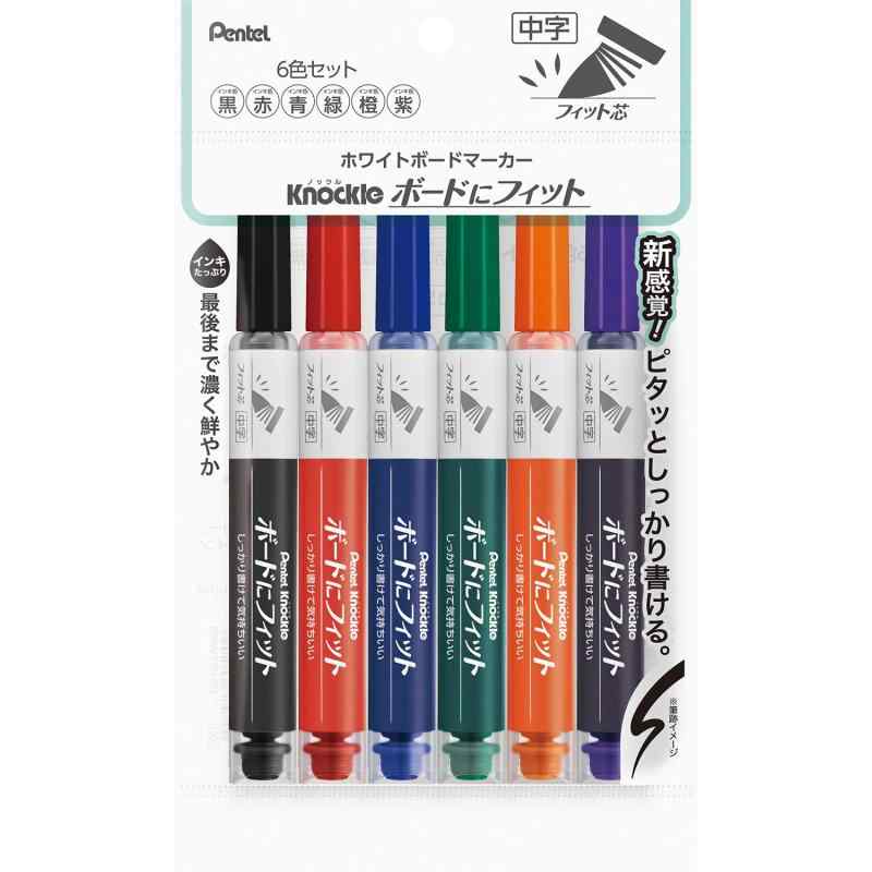 ぺんてる ホワイトボードマーカー ボードにフィット フィット芯中字 6色 EMWL5SBF6ST【特長】ペン先がボードにしっかりフィットする 安定して書けるホワイトボードマーカー【インキ色】黒/赤/青/緑/橙/緑【線幅】フィット芯・中字【1本あたりサイズ/重さ】幅 16mm ×奥行 16mm × 長さ 135mm/16g【材質】キャップ・前軸・弁座=再生PP 軸=PP ペン先=ナイロン繊維