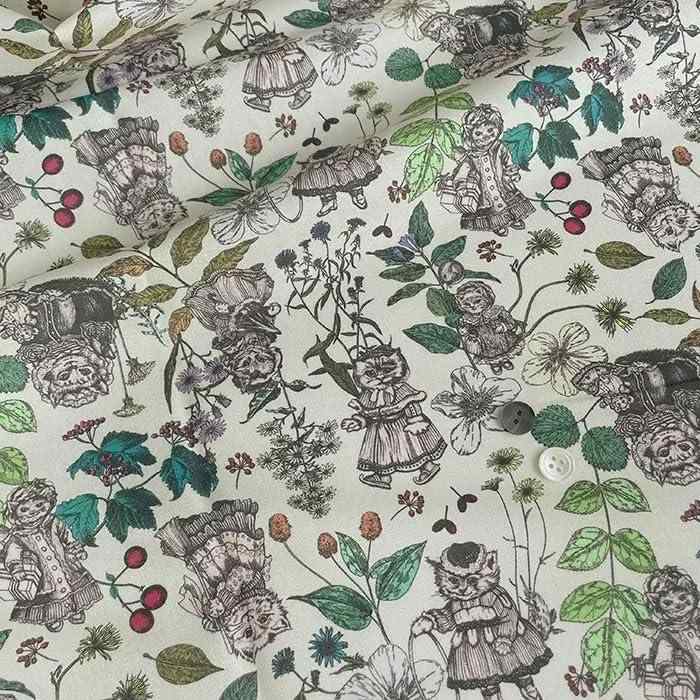 nora. AM1022 動物柄 猫 cats flower 植物 ボタニカル 手描き風 スケッチ おとぎ話 フェアリーテイル クラシック ヴィンテージ カラー ユニーク unique デジタル プリント コットンcotton fabric ファブリ