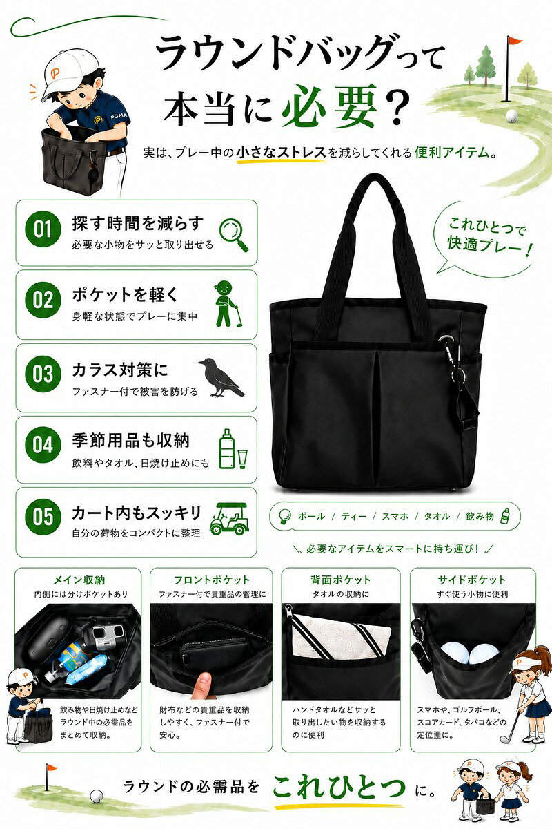 【楽天1位】ゴルフ ラウンドバッグ メンズ レディース 防水 PU 軽量 約260g 自立 底鋲 ファスナー 1Lペットボトル収納 グローブホルダー付 6収納 カートバッグ ラウンドトート ゴルフバッグ おしゃれ 普段使い 4色 patty 送料無料 ポイント stellashop-10001381 emonR楽天市場店 サンプル画像3