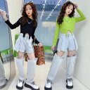 韓国子供服 ファッション セットアップ 新作 ダンス 衣装 お洒落 女の子 セットアップ チア へそ出し Tシャツ 長袖 デニムパンツ 2点セット キッズ 団体服 上下セット HIPHOP ジャズ 舞台 演出 長袖 長ズボン ブラック グリーン 120cm 130cm 140cm 150cm 160cm 170cm