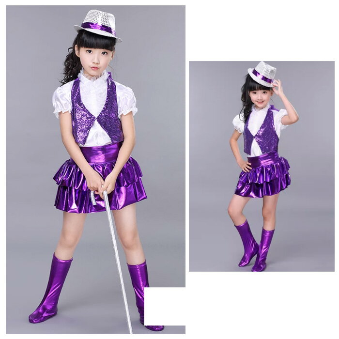 楽天stellashopキッズダンス衣装 女の子 チアガール ダンス衣装 スパンコール キラキラ セットアップ ジャズダンス 衣装 ガールズ シャツ+ベスト+スカート+靴カバー 4点セット 半袖 上下セット ダンス 衣装 ヒップホップ 子供 キッズ チアガール チアダンス 紫 パープル 110-160