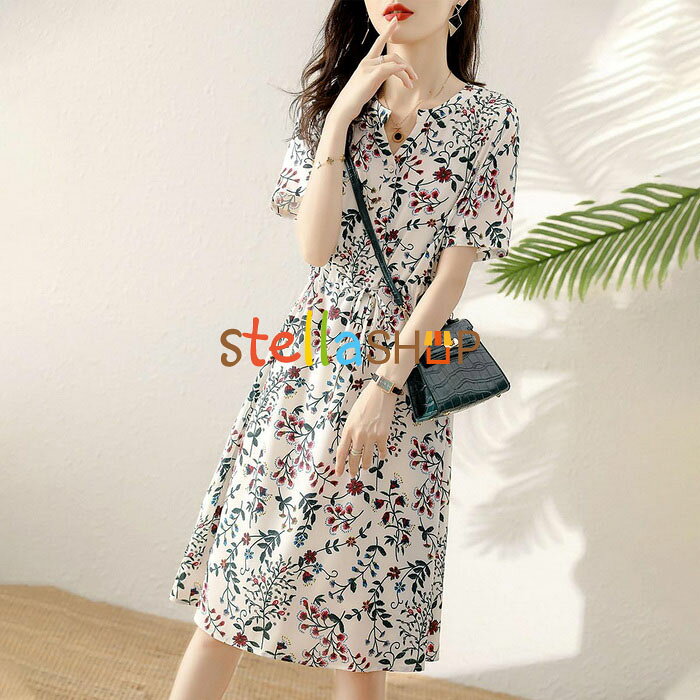 シャツワンピース レディース 40代 きれいめ 膝丈ワンピース 春夏新作 半袖ワンピース 花柄シフォンリボン Aラインスカートオシャレ韓国風 大人 ゆったり お出かけ