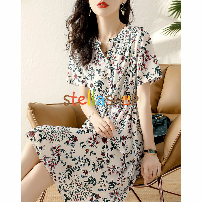 シャツワンピース レディース 40代 きれいめ 膝丈ワンピース 春夏新作 半袖ワンピース 花柄シフォンリボン Aラインスカートオシャレ韓国風 大人 ゆったり お出かけ