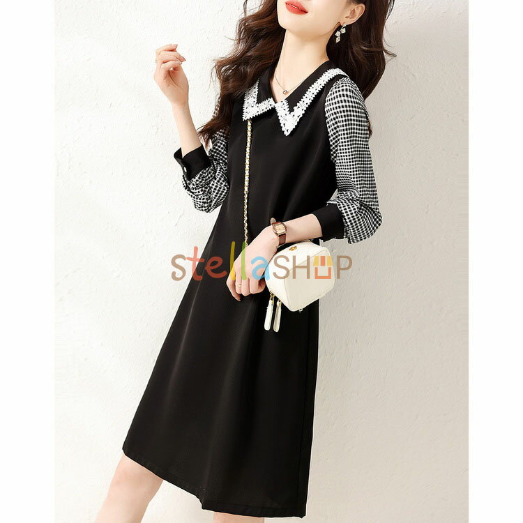 シャツワンピース レディース 40代 きれいめ 春秋 長袖ワンピース レース チェック柄切り替え Aラインスカート黒 膝丈 オシャレ韓国風大人ゆったり 通勤30代