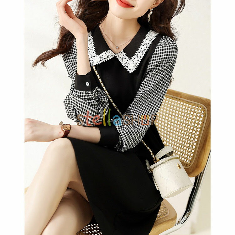 シャツワンピース レディース 40代 きれいめ 春秋 長袖ワンピース レース チェック柄切り替え Aラインスカート黒 膝丈 オシャレ韓国風大人ゆったり 通勤30代