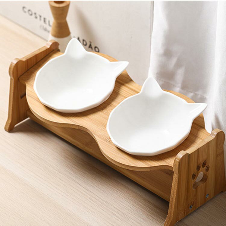 猫 フードボウル ダブル 陶器 傾斜 食器 皿 餌入 猫用 小型犬用 食器台 えさ皿 すぐ使える 高さ調節 スタンド付き