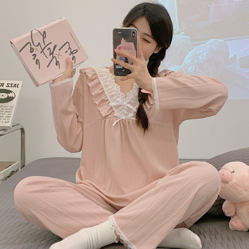 パジャマ ルームウェア レディース 綿 肌触りも良く春秋 レース Vネック パジャマ 長袖 ロングパンツ ルームウェア 女性 可愛い 部屋着 寝巻き 韓国風