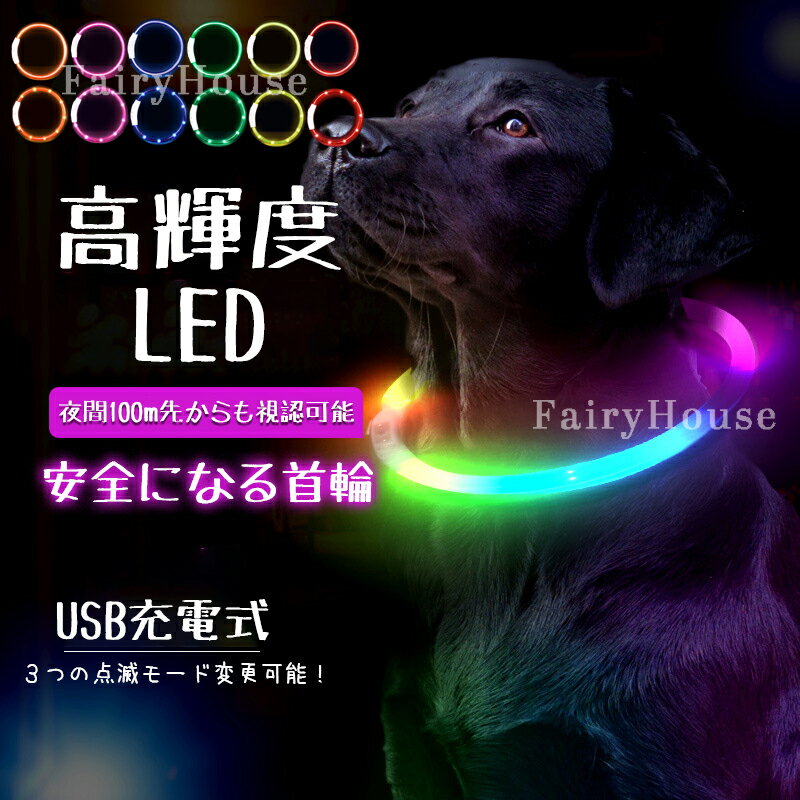 【6%OFFクーポン配布中！】犬 首輪 光る 光る首輪 ペット 猫 LEDライト リード 光 点灯 点滅 蛍光 小型犬 中型犬 大型犬 夜散歩ライト USB充電式 夜 散歩 安全 事故防止 安全グッズ ペット用 ドッググッズ 犬用品 便利 簡単 サイズ調整可 おしゃれ かわいい 繰り返し