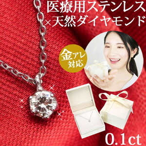 金属アレルギーでも安心 医療用サージカルステンレス 天然ダイヤモンド 0.1ct クラウンダイヤモンドネックレス ダイヤモンド 一粒ダイヤ プレゼント ギフト クリスマス ホワイトデー