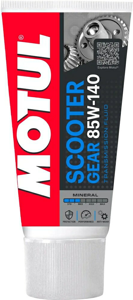 MOTUL SCOOTER GEAR 85W-140 ギアオイル 175ml MOTUL SCOOTER GEAR 85W-140は、スクーターやモペットのファイナルギア用に開発された高性能ギアオイルです。 高負荷がかかる減速ギアに対応し、優れた潤滑性能と耐摩耗性能を発揮します。 高温時でも強力な油膜を維持し、ギアノイズや摩耗を低減。 ストップ＆ゴーの多い市街地走行や高回転域でも安定した性能を発揮します。 チューブタイプのため注入しやすく、スクーターのギアオイル交換にも便利です。 ■ 商品仕様 ・内容量：175ml ・粘度：SAE 85W-140 ・規格：API GL-4 / GL-5 ・タイプ：鉱物油（ミネラル） ■ 特徴 ・高負荷時でも優れた潤滑性能 ・高温時の油膜保持性能に優れる ・ギアノイズや摩耗を低減 ・優れた耐腐食性／耐酸化性能 ・スクーターやモペットのファイナルギアに最適 ■ 適合例 ・SAE 85W-140指定車両 ■ ご注意 ・必ず車両メーカー指定の粘度・規格をご確認ください。 ・交換時期は車両メーカー推奨に従ってください。