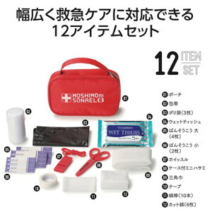 安心おたすけ12点セット │ 防災セット 救急ケアセット ポーチ 三角巾 カット綿 綿棒 絆創膏大 絆創膏小 テープ ウェットティッシュ 包帯 ポリ袋 ホイッスル ケース付きミニハサミセット コンパクトポーチ