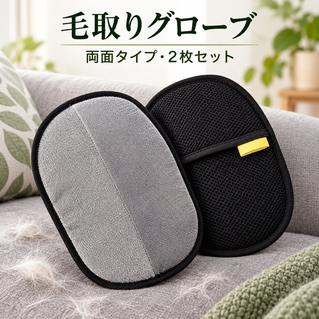 ソファや衣類、車のシートなどに付いたペットの毛をお掃除する、手袋タイプの毛取りグローブです。両面タイプの2枚セット。手にはめて使うため、ペットの抜け毛掃除に使うグローブをお探しの方に。■商品特徴・黒いメッシュ状の面と、グレーの生地の面を備えた両面仕様。・家具、車のシート、カーペット、寝具、衣類に付いた抜け毛のお掃除に使えます。・水洗いして繰り返し使えるタイプ。2枚セットでお届けします。■素材：ポリエステル100%■外観：片面はブラックのメッシュ状、もう片面はグレーの生地■セット内容：毛取りグローブ2枚■用途ソファ・家具の毛取り、カーペットや寝具の抜け毛掃除、衣類に付いたペットの毛のお掃除、車のシート・車内清掃に。猫や犬と暮らすご家庭の抜け毛掃除用として、使う場所に合わせてご活用ください。【検索関連キーワード】毛取りグローブ 毛とりグローブ 抜け毛取り 抜け毛とり ペットの毛取り 猫の毛取り 犬の毛取り ペット毛取り 毛取り手袋 お掃除グローブ 掃除用手袋 両面グローブ ソファ掃除 カーペット掃除 寝具掃除 衣類の毛取り 車内掃除 車内清掃 カーシート掃除 水洗い 2枚セット ペット用品 掃除用品