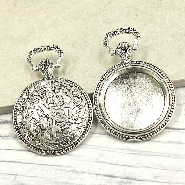 UVレジンクラフト用 セッティング ミール皿 懐中時計型 大 5個 アンティークシルバーフレーム チャーム