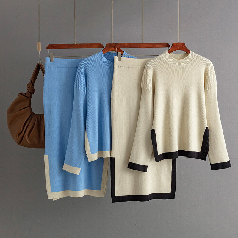 レディース ニット セットアップ カラーブロック クルーネック スリットスカート 2点セット 秋