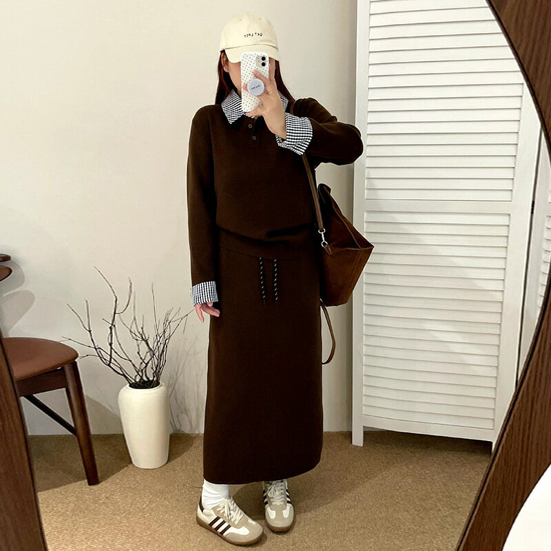 レディース ビッグサイズ ニット セットアップ ポロカラー スカート 2点セット 秋 普段着