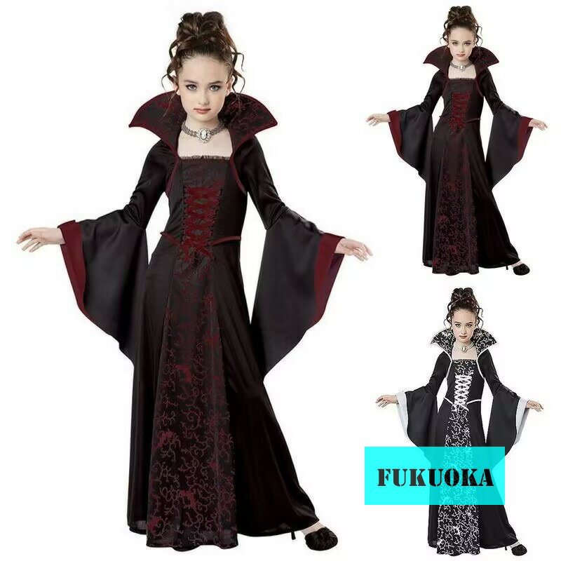 【送料無料 20％OFF】ハロウィン 子供用 魔女ドレス 中世風 コスプレ衣装 レトロ系 レースアップ スタンドカラー ベルスリーブ プリントロングワンピース