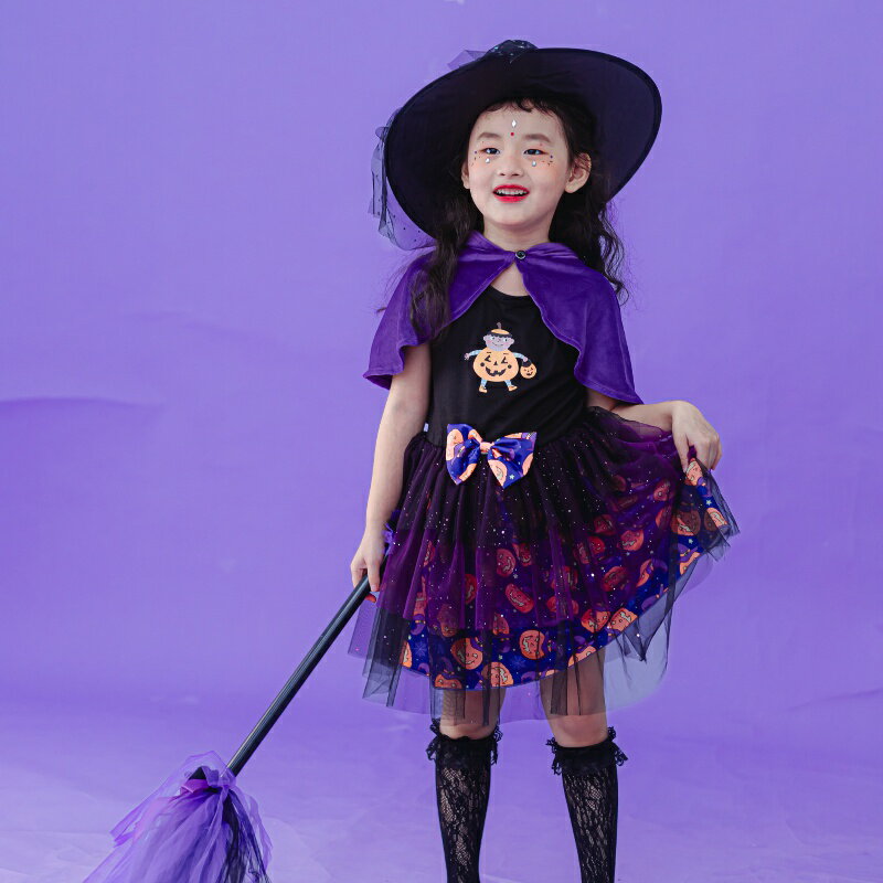 【送料無料 20％OFF】ハロウィン 子供ワンピース マント プリンセススカート 魔女コスプレ 全セット