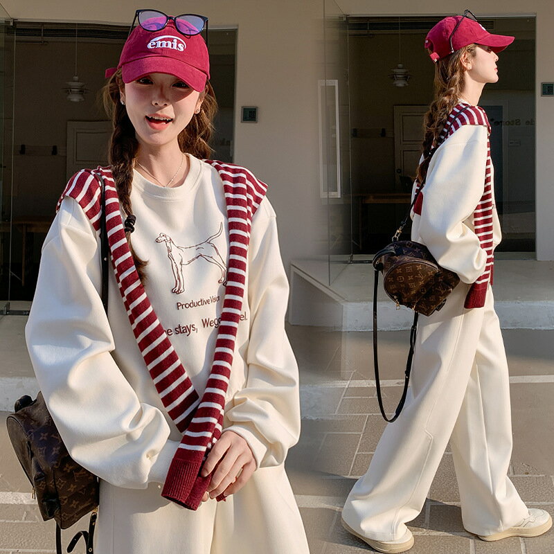 【送料無料 20％OFF】2025年春秋新作小犬プリントスウェット3点セット｜ストライプショール＋ゆったりパンツ＋長袖トップス｜韓国風カジュアルスウェットセットアップ / レディース / 小犬プリント / 3点セット / ストライプ / ショール付き / ゆったり / 直筒パンツ /