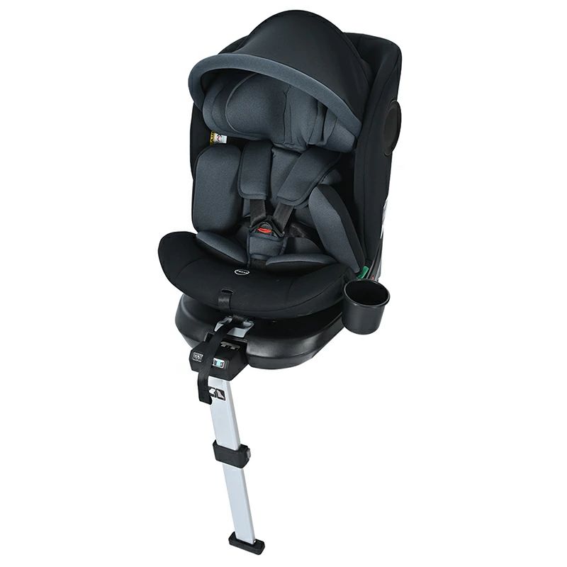 【サポートレッグタイプ】チャイルドシート 新生児 ISOFIX 0歳〜12歳 360度回転式 40〜150cm ジュニアシート 調節可能 洗える キャノピー付き ベビーシート ドリンクホルダー付き 出産祝い 車【ブラック+ネイビー】