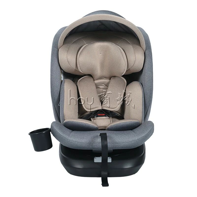 【トップテザータイプ】チャイルドシート 新生児 ISOFIX 0歳〜12歳 360度回転式 40〜150cm ジュニアシート 調節可能 洗える キャノピー付き ベビーシート ドリンクホルダー付き 出産祝い 車【グレー+カーキ】