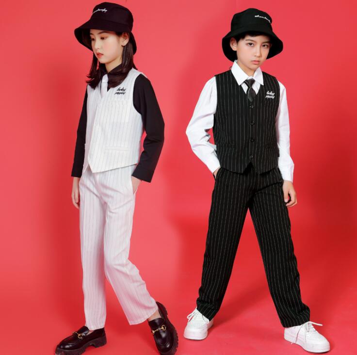 【レビュー特典 20％OFF】子供服 ストリートダンス衣装 ジャズダンス衣装 子供ダンス衣装セット ヒップホップ HIPHOP breaking Popping 縞柄 ベスト ロンパン 長袖シャツ レッスン着 男の子 女の子 練習着 舞台衣装 ステージ衣装 ダンスバトル 演出服 かっこいい 4点