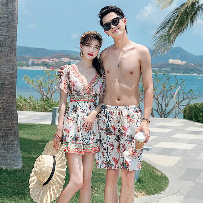 【レビュー特典 20％OFF】ペア水着 メンズ水着 カップルお揃い メンズ サーフパンツ ショートパンツ ビーチパンツ ビーチ水着 ビキニ 体型カバー 花柄 夫婦 恋人 彼氏 彼女 大きいサイズ カップル ビーチウェア 温泉 ハネムーン 旅行