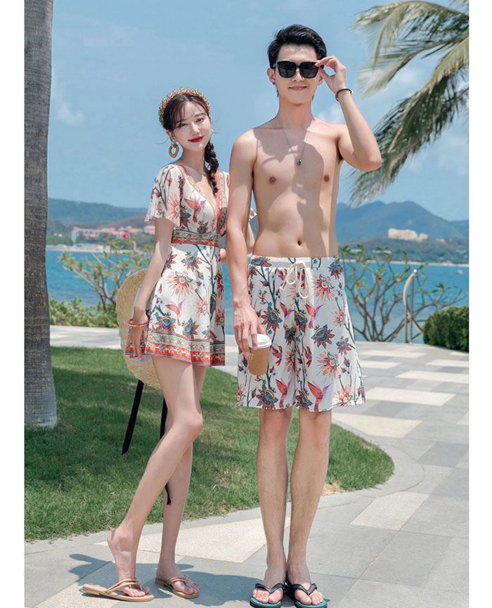 【レビュー特典 20％OFF】ペア水着 メンズ水着 カップルお揃い メンズ サーフパンツ ショートパンツ ビーチパンツ ビーチ水着 ビキニ 体型カバー 花柄 夫婦 恋人 彼氏 彼女 大きいサイズ カップル ビーチウェア 温泉 ハネムーン 旅行