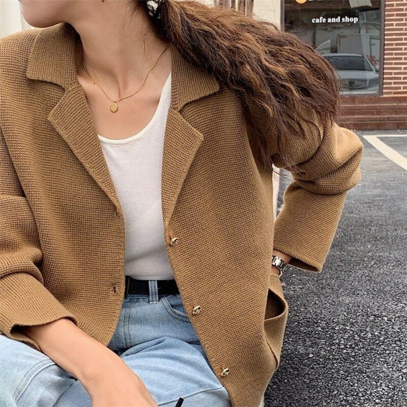 【送料無料】ノッチドカラー カーディガン レディース 秋冬 シングル ニット 3色 フォーマル(4)