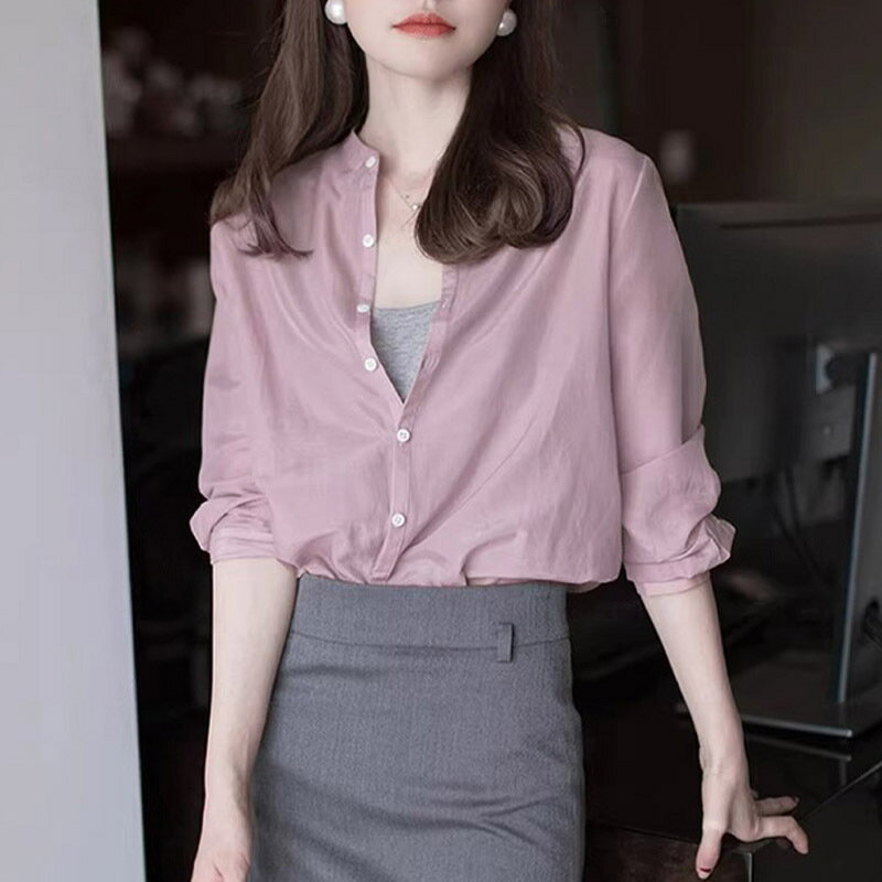 【送料無料 20%OFF】2025年秋 新作 レディース グレーピンクシャツ ルーズフィット ロングスリーブ ジャパニーズスタイル