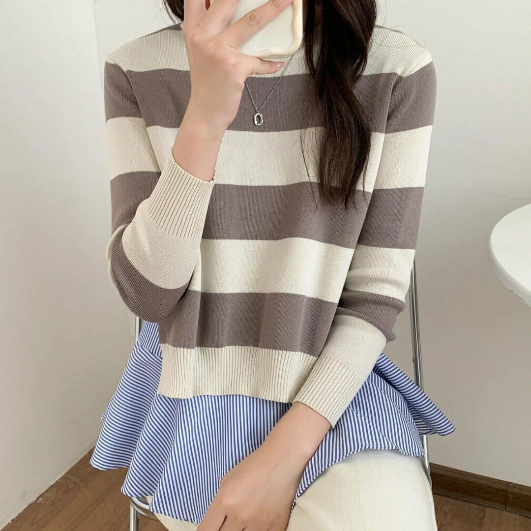 【送料無料】2点セット ストライプ ニット レディース 春 秋 ベスト ブラウス きれいめ 大人可愛い