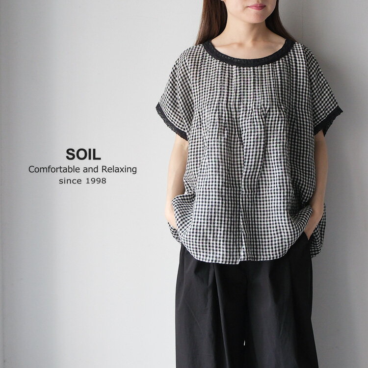  SOIL ソイル 60s LINEN GINGHAM CHECK BOAT NECK PULLOVER WITH PINTUCK INSL26312 リネン チェック ブラウス  ギフト プレゼント ランキング