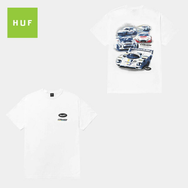 HUF X GREDDY TEE TS02271 ×グレッディ アートワークプリントTシャツ 半袖 メンズ コラボレーションアイテム 白 ホワイト トップス 2024春 クルーネック コットン 綿 プリントT ストリート カジュアル 車 自動車 レーシングカー サーキットハフ正規取扱店