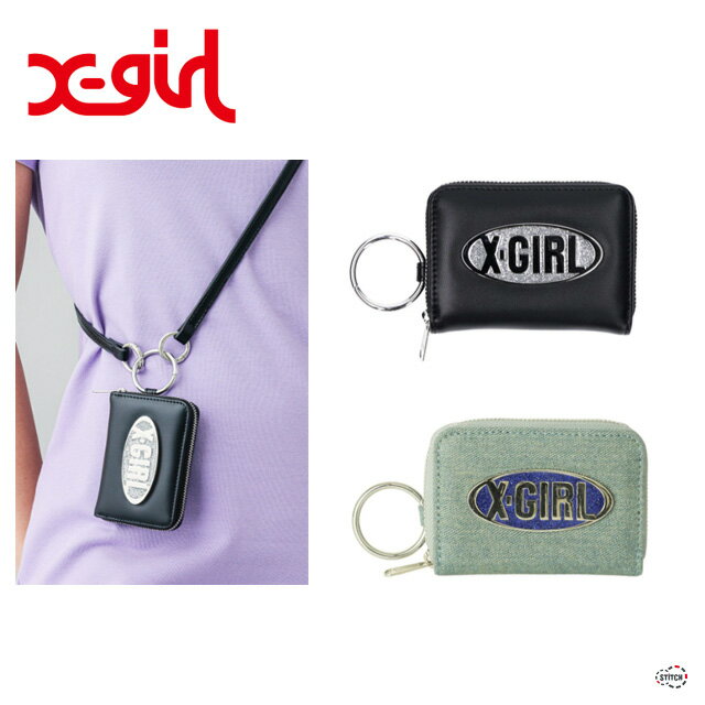 X-girl GLITTER OVAL LOGO COIN AND CARD CASE 105242054015 グリッターオーバルロゴコイン＆カードケース 定期入れ ミニ財布 ショルダー紐 斜め掛け コンパクト レディース ガールズ 女性 人気 普段使い 使いやすい エックスガール XGIRL正規取扱店