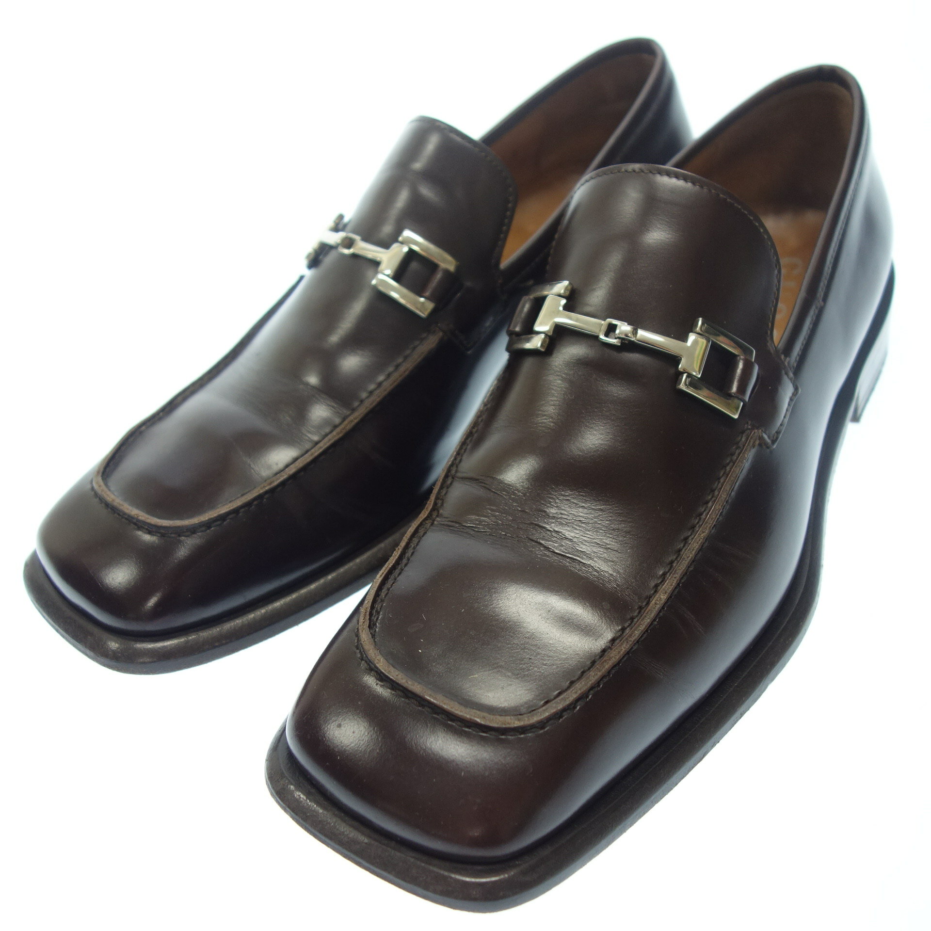 グッチ レザーローファー スリッポン ホースビット スクエアトゥ シルバー金具 メンズ サイズ41.5 茶 箱付き GUCCI【AFC40】【中古】販売済み