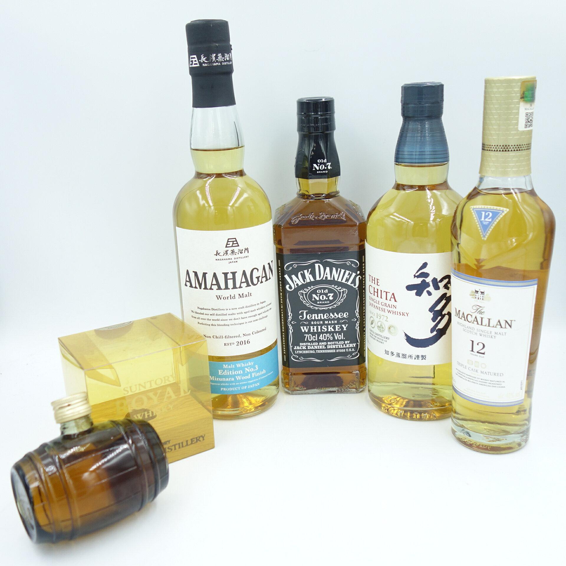 【東京都限定】アマハガン エディション No.3 1本 サントリーHAKUSHU DISTILLERY 樽型ボトル 1本 ジャックダニエル オールド No.7 1本 サントリー 知多 1本 マッカラン 12年 トリプルカスク 1本 5本セット【7F】【中古】