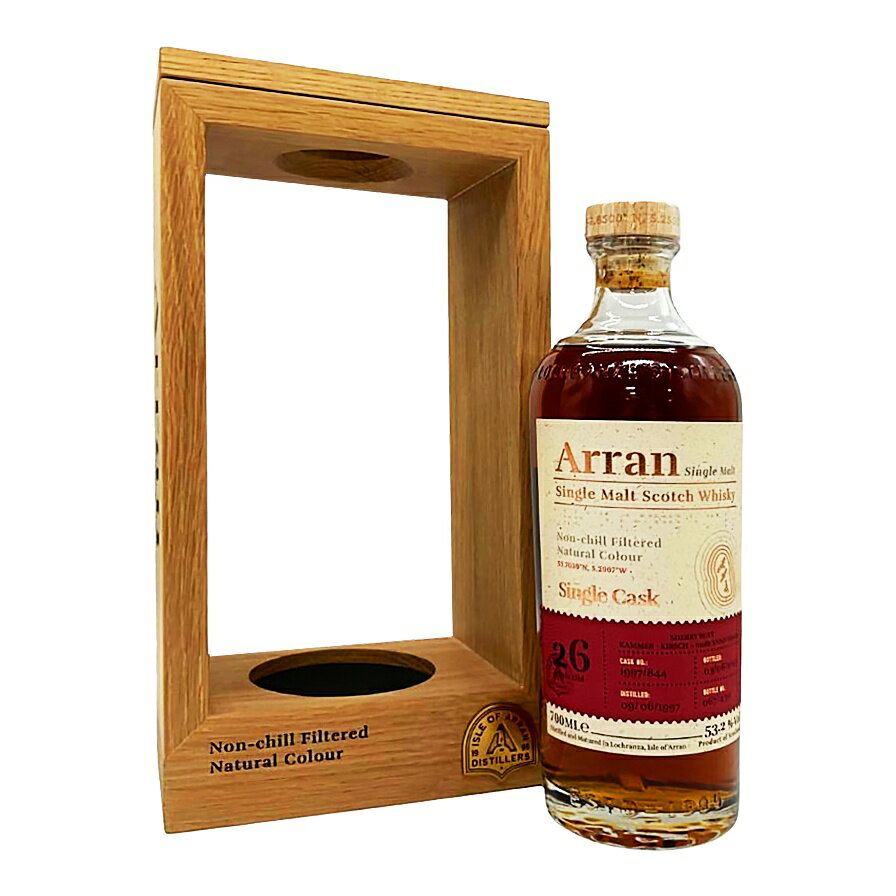 ▼商品詳細 メーカー・銘柄 アラン 26年 1997-2023 シングルカスク シェリーバット Arran Single Cask SHERRY BUTTアラン 26年 1997-2023 シングルカスク シェリーバット Arran Single Cask SHERRY BUTT 付属品 [箱や木箱]--- 本数 1本 内容量 700ml 度数 53.2% 状態詳細 未開栓のお品物です。（タイトルに開栓済みと記載のある商品は開栓済みとなります） 出品商品は一般のお客様を中心にお買取をした二次流通品です。弊社内ではワインセラー含めた倉庫にて保管していますが、買取前の状態については把握できておりません。 そのため、自然蒸発による減量・お味・風味・コルクの状態・一部の沈殿物等について品質保証は出来ませんのでご了承ください。 また、ボトルやラベルのダメージ・汚れ・変色・澱・液面低下などがある商品もございます。 本体・付属品・液面の状態など、必ず商品画像をご確認ください。 上記をご理解頂いた上でのご入札をお願い致します。 梱包サイズ 80サイズ 商品管理番号 【ITPTY3PWD080】【NZ】【U】 備考 ※20歳以上の方のみ入札可能です。落札後取引ナビへ生年月日をご入力下さい。お客様の年齢確認をさせていただきます。 生年月日の入力が無い場合、税務署の指導により発送出来かねますので、ご了承下さい。 またクール便配送をご希望のお客様は、オーダーフォーム備考欄にクール便希望の旨を記載ください。 クール便配送の場合、通常の送料＋220円お支払いください。 ※タイトルに【東京都限定】とある商品に関しましては、酒類販売免許に条件があるため東京都内に発送先住所がある方にしか発送できません。入札された場合、落札者様都合で削除させていただきますこと、ご了承下さいませ。