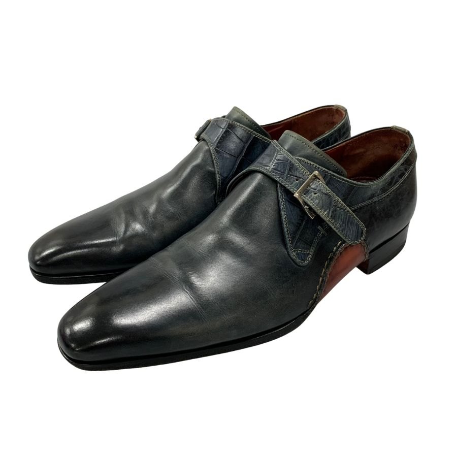マグナーニ レザーシューズ シングルモンク クロコ型押しコンビ ネイビー メンズ サイズ38 MAGNANNI 約23.5cm【AFC2】【中古】販売済み